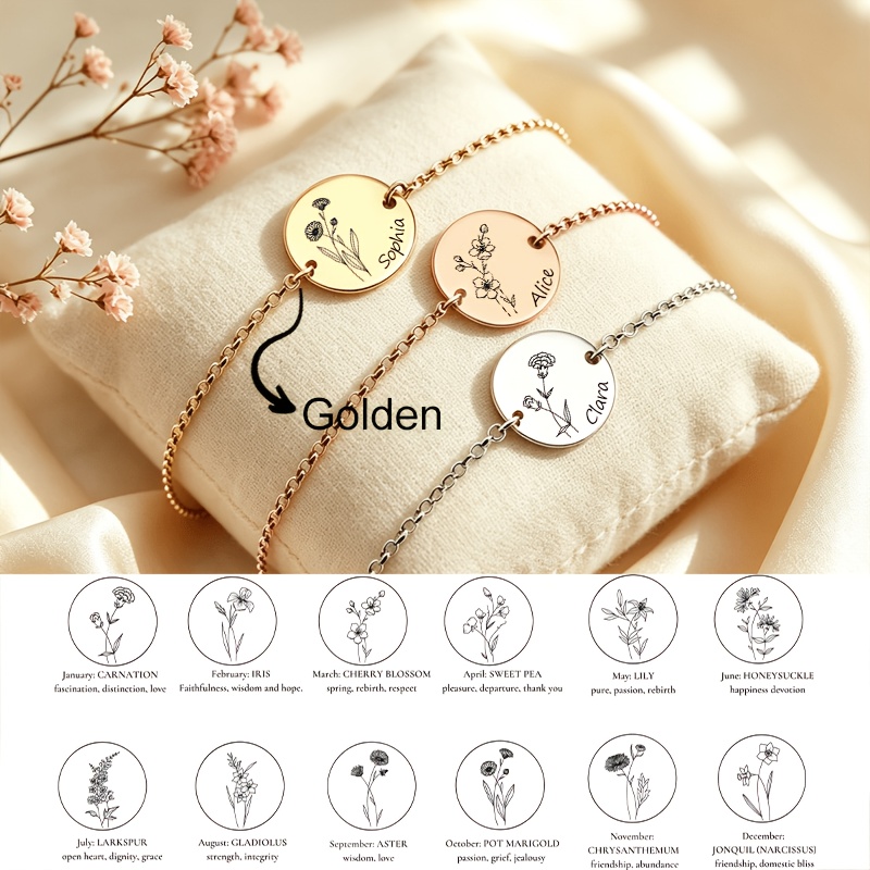 Personalized Birth Flower Bracelet in Stainless Steel